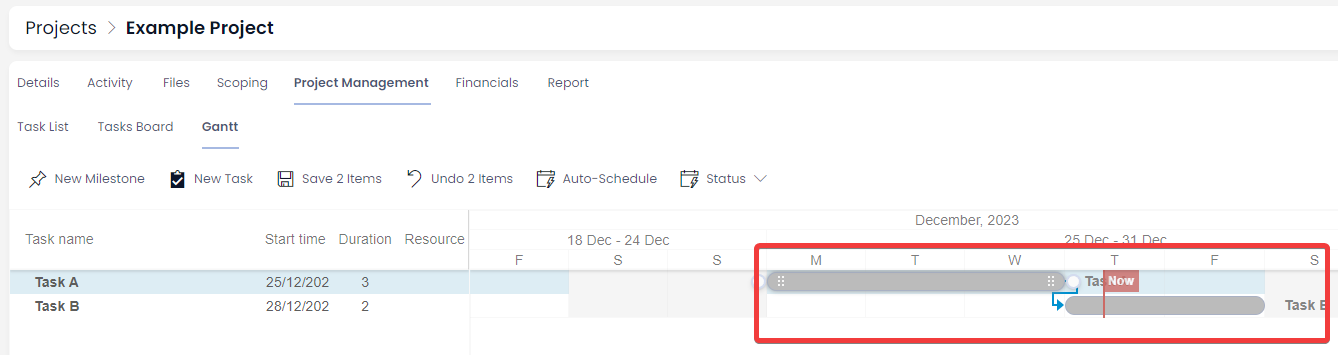 A screenshot showing the result of adding a Finish-to-Start dependency and how the dates of the respective tasks have shifted